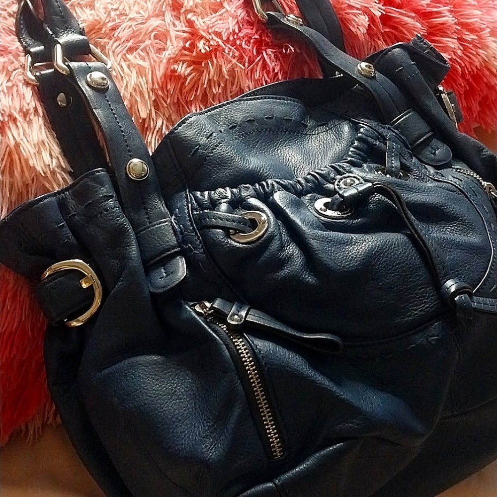 B Makowski Vintage Hobo Cinched Bucket Large Shoulder Bag Navy Calf Leather - Picture 2 of 7